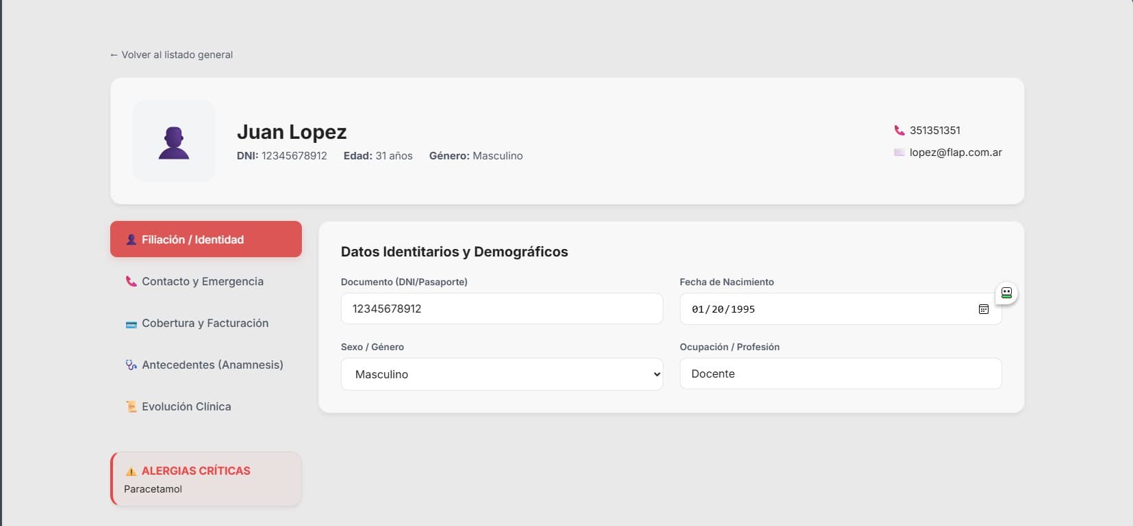 Ficha de cliente en FLAP